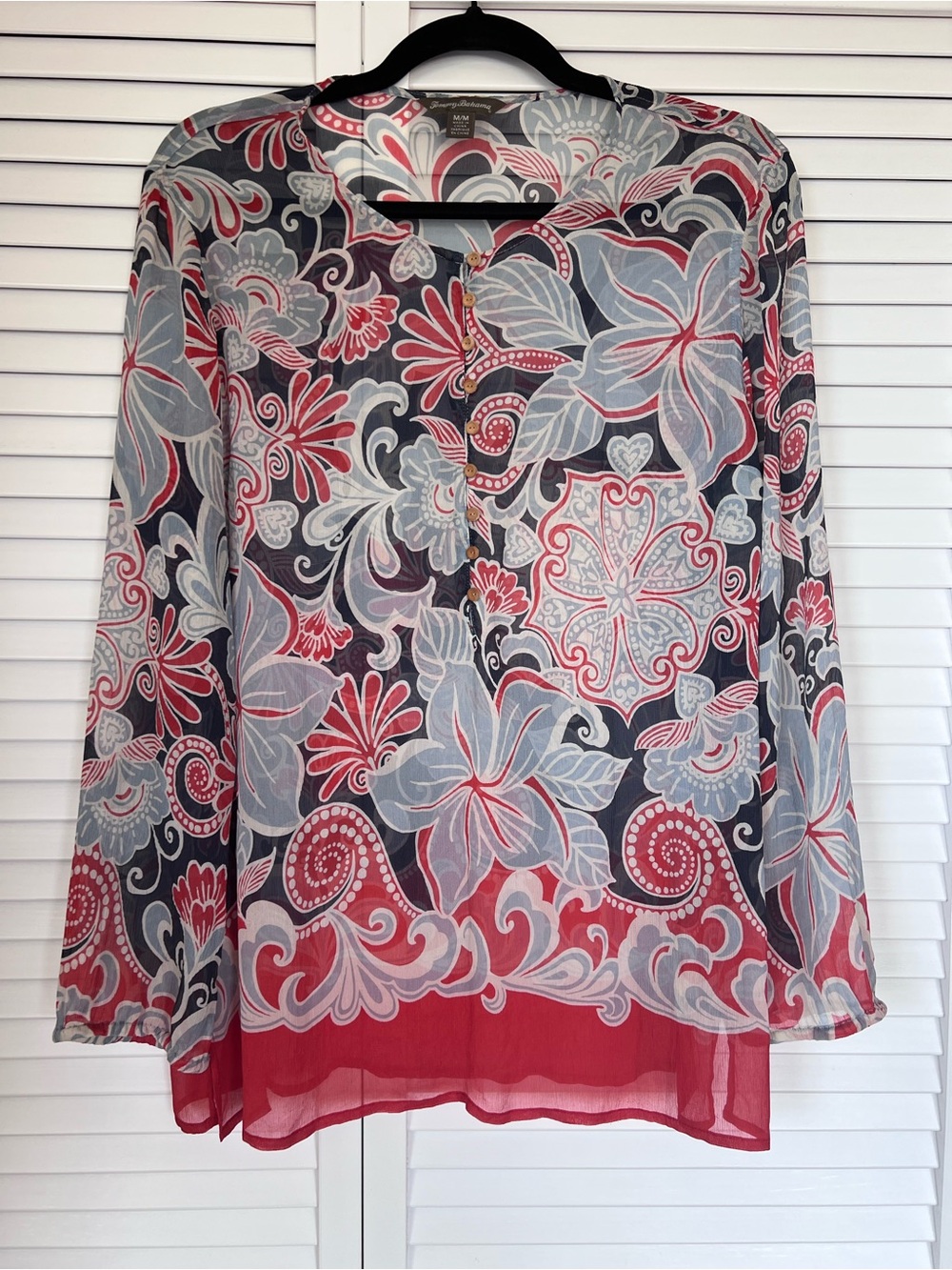 Tommy Bahama Women’s EUC Floral Red Blue White Silk Long Sleeve Blouse Size M - Picture 3 of 15